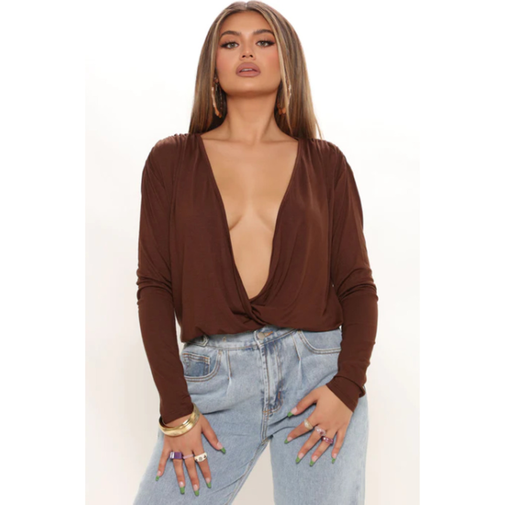Fashion Nova Womens Top Size Small Brown Never Ruche Me Long Sleeves Surplice